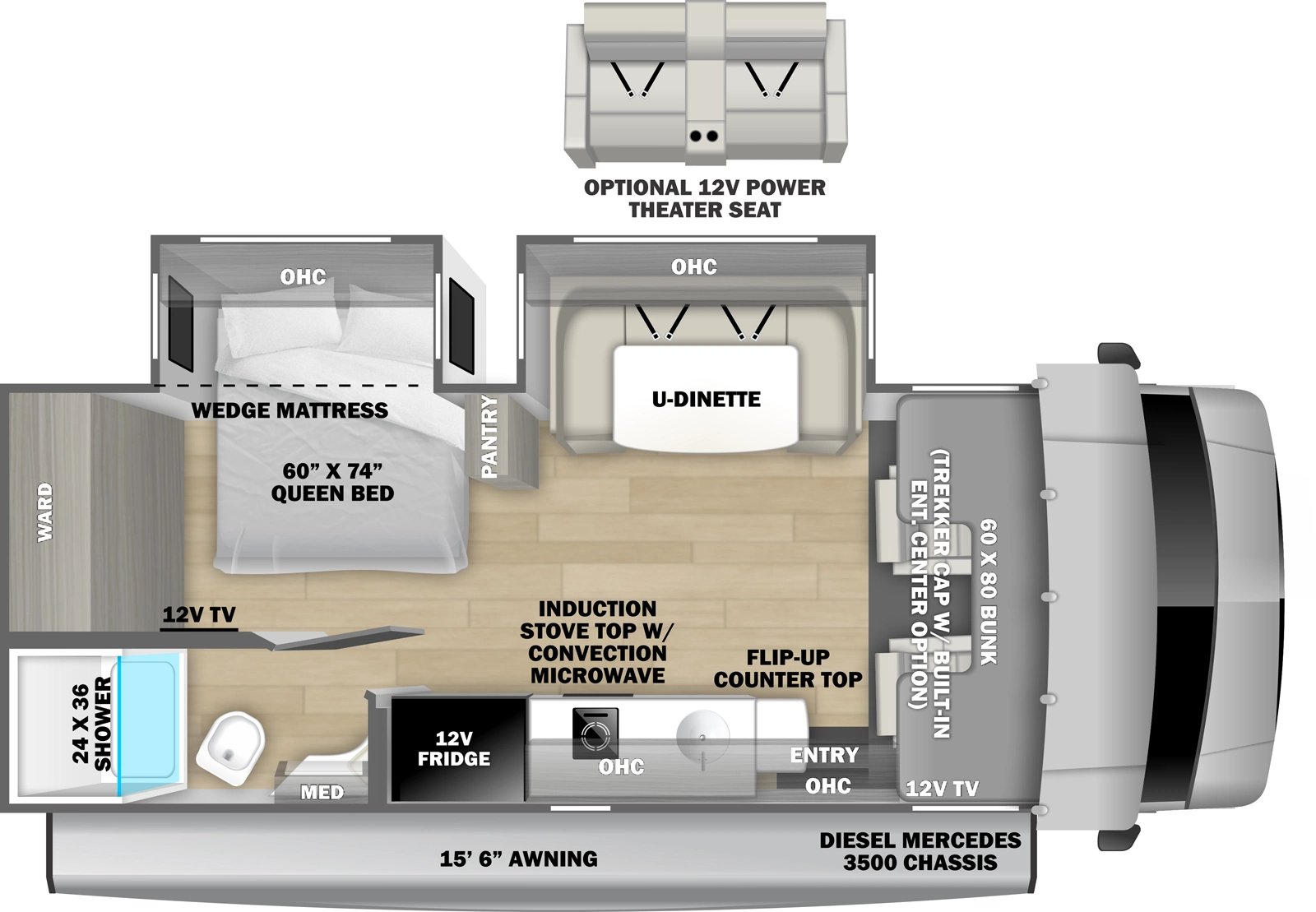 The Solera 24DSRC floorplan has one entry and one slide out. Exterior features include: 15'6" awning. Interiors features include: bunk over cab, u-dinette and dinette.